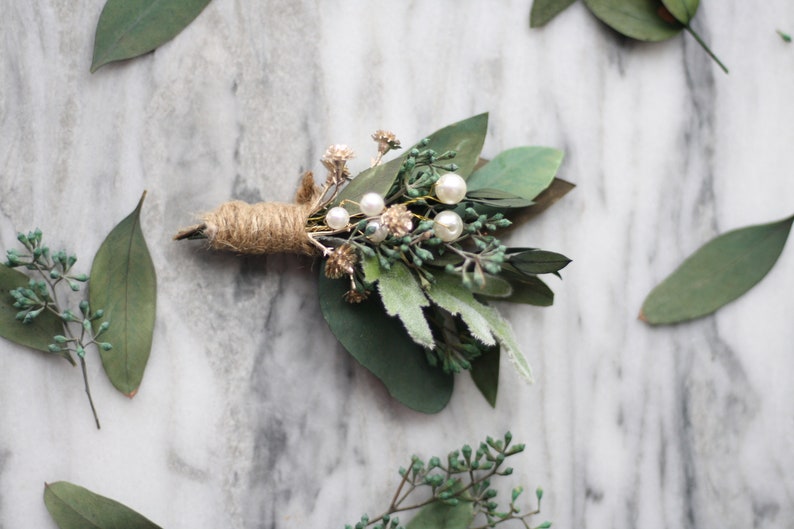 Eucalyptus Boutonniere green dried flower lapel pin pearl gold flower wedding buttonhole boho boutonniere groomsman flower boutonniere image 10