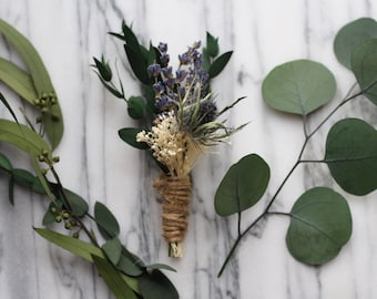 Eucalyptus Boutonniere lavender boutonniere blue scottish thistle boutonniere lapel pin wedding buttonhole dried flower boutonniere