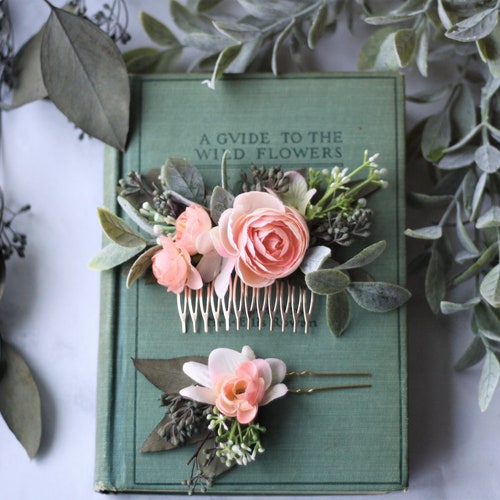 Eucalyptus Hair comb shops SET bridal hair piece orange flower pin coral flower hair pin bridal hair piece blush bridal pin southwestern wedding