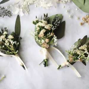 Eucalyptus Boutonniere SET ivory dried flower lapel pin Woodland wedding buttonhole boho greenery boutonniere groomsman flower boutonniere