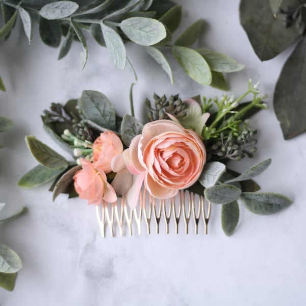 Pink Eucalyptus Hair comb, pastel bridal hair piece, spring wedding comb, peach blush hair comb, light coral flower comb, blush floral comb