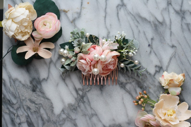 Pink Eucalyptus Hair comb pearl bridal hair piece pearl blush wedding comb pearl blush hair comb, light coral flower comb, blush floral comb image 1