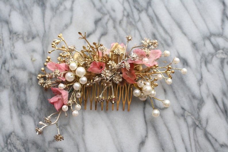 gold and pink comb pearl hair comb gold hair jewelry image 2