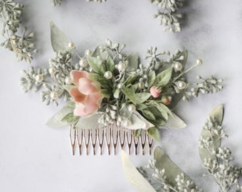 pink Eucalyptus flower comb greenery succulent hair comb boho blush flower comb bridal hair piece pastel dried flower hair comb floral comb