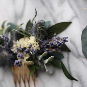 blue lavender thistle hair comb greenery Bridal hair piece dried eucalyptus comb bridal hair piece woodland flower hair comb floral comb image 6