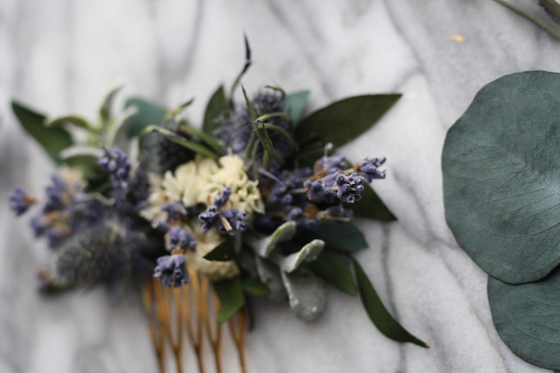 blue lavender thistle hair comb greenery Bridal hair piece dried eucalyptus comb bridal hair piece woodland flower hair comb floral comb image 6