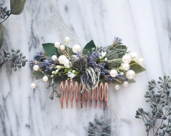 blue lavender thistle hair comb greenery  Bridal hair piece dried eucalyptus comb bridal hair piece woodland flower hair comb floral comb