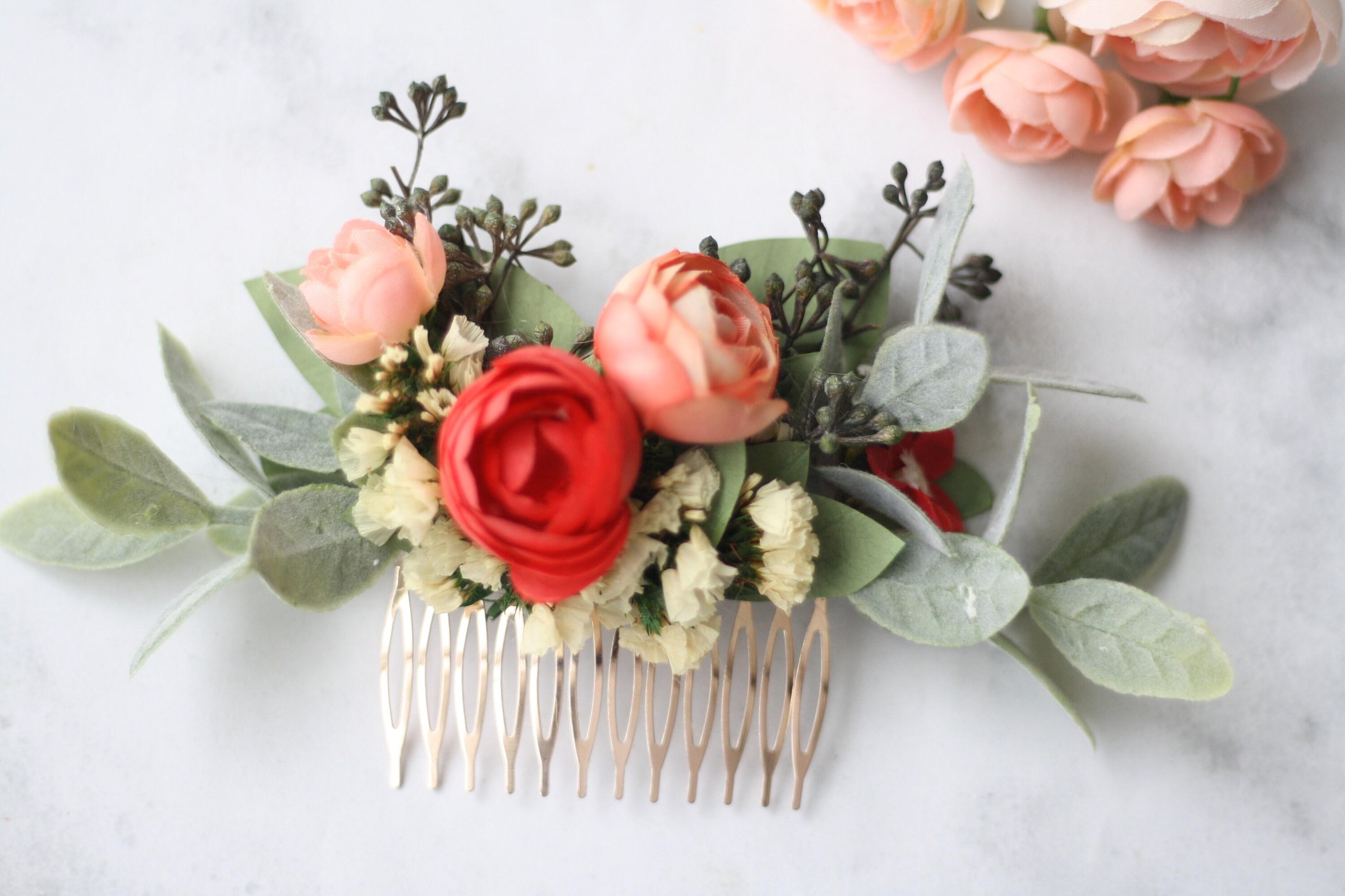 Eucalyptus Hair comb coral bridal hair piece comb flower pin Etsy