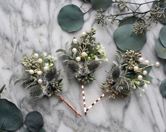 Eucalyptus blue thistle hair pins greenery  Bridal hair pin  bridal hair piece pearls wedding flower hair comb floral blue  hair pin