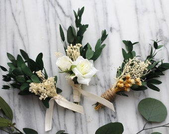 Eucalyptus Boutonniere green dried greenery lapel pin white rose wedding buttonhole ivory floral greenery groomsman flower boutonniere