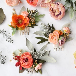 Blush Hair comb eucalyptus  bridal hair piece orange  pink coral flower comb gold bridal hair piece blush bridal pin wedding dried flower