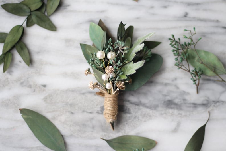 Eucalyptus Boutonniere green dried flower lapel pin pearl gold flower wedding buttonhole boho boutonniere groomsman flower boutonniere image 1