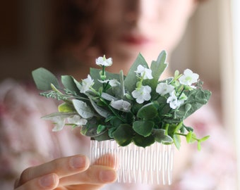 Eucalyptus hair comb greenery succulent Bridal hair vine boho white flower comb  bridal hair piece woodland flower hair comb floral hair pin