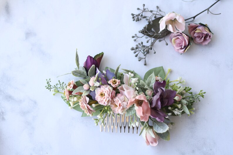 Eucalyptus half flower crown baby breath flower greenery crown blush Bridal hair vine pink bridal comb baby breath hair comb hair piece image 1