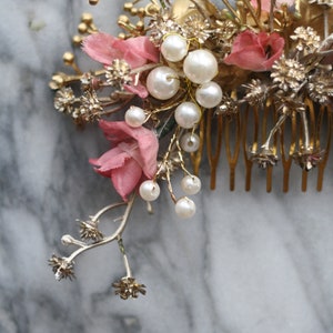 gold and pink comb pearl hair comb gold hair jewelry image 6