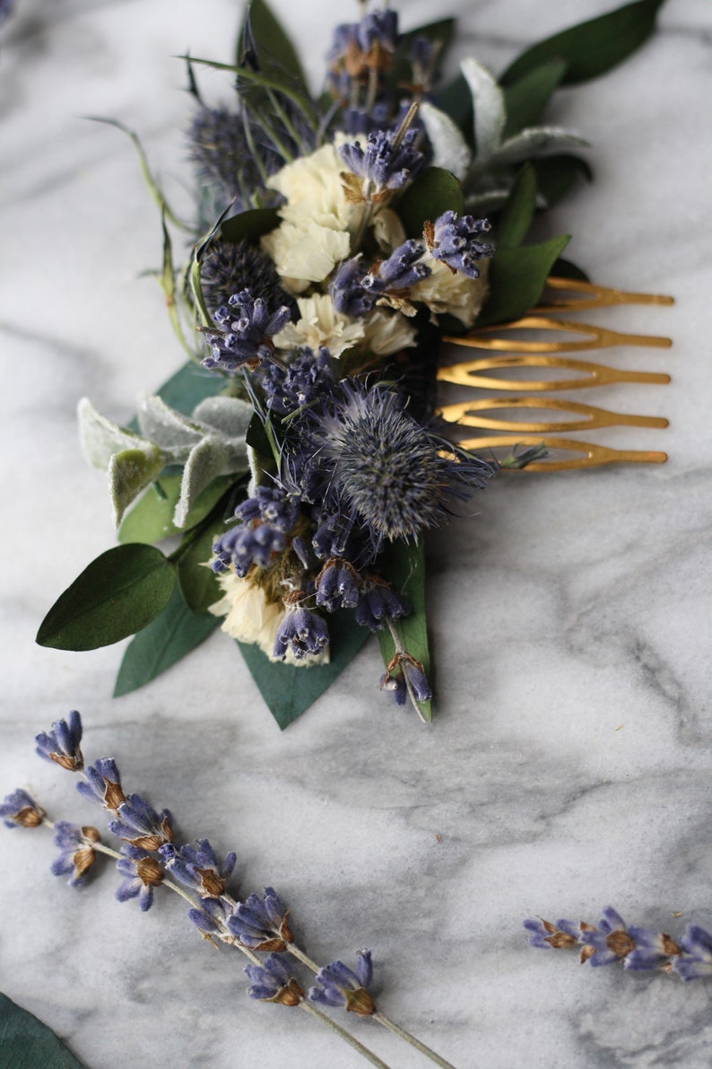 blue lavender thistle hair comb greenery Bridal hair piece dried eucalyptus comb bridal hair piece woodland flower hair comb floral comb image 3