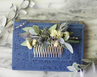 blue lavender thistle hair comb greenery  Bridal hair piece dried eucalyptus comb bridal hair piece woodland flower hair comb floral comb