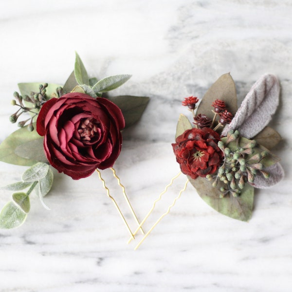 burgundy Eucalyptus Hair pin SET bridal hair piece burgundy flower pin flower bobby pin red dried flower bridal comb winter wedding