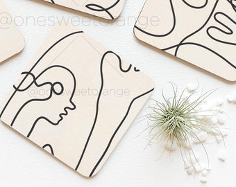 Line Art Faces Coaster Set of 4 Cork Lines Coasters Gift for Mom Boho Cork Coasters Faces Coaster Set Line Art Illustration Coasters 46.