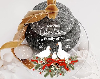 Family Of 3 Ornament, First Christmas Keepsake - Clear Acrylic, Light Brown Velvet Ribbon | 3.5" 4.75 No.744