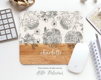 Mouse Pad Wood Floral Mouse Pad Coworker Gift Office Mouse Pad Personalized Mouse Pad Christmas Gift for Her Mouse Pad Dorm Mouse Pad 33