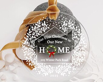 New Home Ornament, Personalized Holiday Keepsake - Clear Acrylic, 3.5" Or 4.75" Diameter, Velvet Ribbon No.787