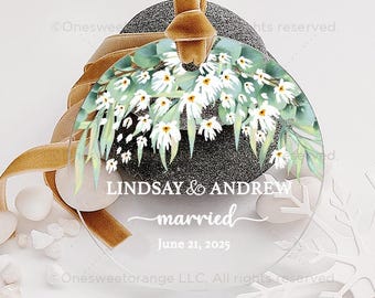 Acrylic Married Ornament Gift Newlywed Gift Mr & Mrs Christmas Ornament Personalized Eucalyptus Wedding Ornament Wedding Keepsake No.188