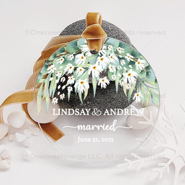 Acrylic Married Ornament Gift Newlywed Gift Mr & Mrs Christmas Ornament Personalized Eucalyptus Wedding Ornament Wedding Keepsake No.188