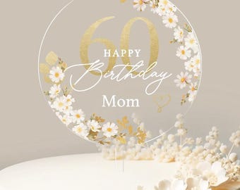 Birthday Cake Topper Personalized Acrylic Birthday Cake Decoration Daisy Round Cake Topper Decor Customized Floral Cake Topper w Name No.53
