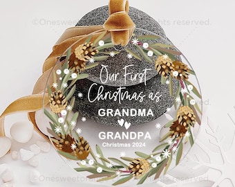 Christmas Ornament, Personalized Grandparents Keepsake - Clear Acrylic, 3.5" Or 4.75" Diameter, Velvet Ribbon No.504
