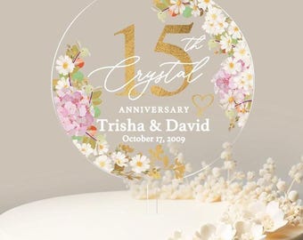 Crystal Anniversary Cake Topper 15th Anniversary Cake Topper Round Personalized Custom Anniversary Cake Topper 15th Anniversary Gift No.18