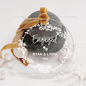Acrylic Engaged Ornament Engagement Ornament Gift Engagement Party Gift Personalized White Leaf Wreath Engagement Gift with Names No.24
