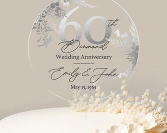 Adorno para tarta de aniversario de diamante, adorno redondo personalizado para tarta de 60 aniversario, regalo de 60 aniversario n.º 14
