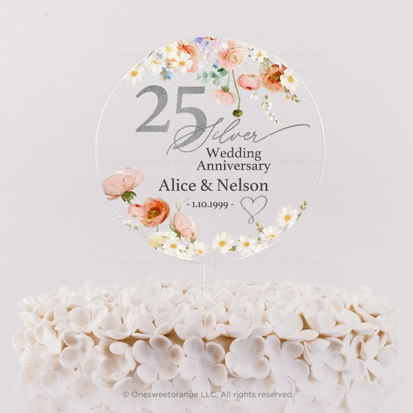 Silver Anniversary Cake Topper 25th Anniversary Cake Topper Round Personalized Custom Anniversary Cake Topper 25th Anniversary Gift No.36