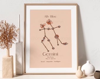 Gemini Personalized Zodiac Sign Print Gemini Print Birth Month Floral Print Astrology Print Zodiac Art Horoscope Celestial Art B444