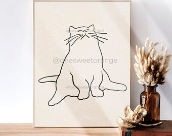 May include: A black and white line drawing of a cat sitting with its eyes closed. The drawing is on a beige background and is framed in a light wood frame.