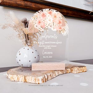 Personalized Gift Stand for Godparents Acrylic Peach Rose Godparent Plaque from Godchild Custom Gift for Godparents Christening No.32