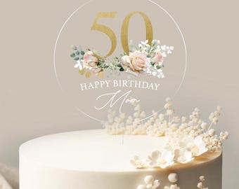 Adorno personalizado para tarta de cumpleaños, adorno acrílico para tarta, adorno redondo personalizado para tarta, adorno floral de rosas personalizado para tarta con nombre n.º 10