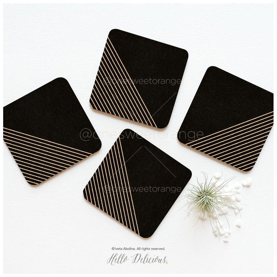 Mid Century Line Coaster Set de 4 Cork Terra Lines Coasters Cadeau Pour Maman Boho Striped Mid Black