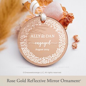 Rose Gold Mirror Acrylic Engagement Ornament Gold Engagement Party Gift Personalized Engaged Ornament Gift Custom Gift with Names No.G15