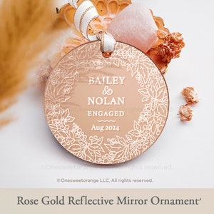 Rose Gold Mirror Acrylic Engagement Ornament Gold Engagement Party Gift Personalized Engaged Ornament Gift Custom Gift with Names No.G74