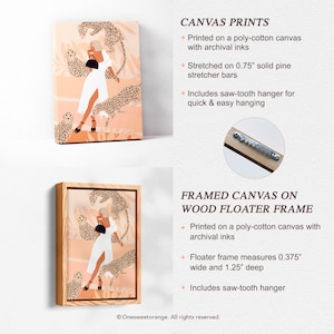 Op de afbeelding: Twee ingelijste canvas prints met een vrouw in een witte jurk die in een jungle staat met luipaarden. De print aan de linkerkant is een canvas print, terwijl de print aan de rechterkant een ingelijste canvas print is. Beide prints bevatten zaagtandhangers voor eenvoudig ophangen.