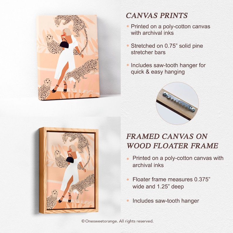 Op de afbeelding: Twee ingelijste canvas prints met een vrouw in een witte jurk die in een jungle staat met luipaarden. De print aan de linkerkant is een canvas print, terwijl de print aan de rechterkant een ingelijste canvas print is. Beide prints bevatten zaagtandhangers voor eenvoudig ophangen.