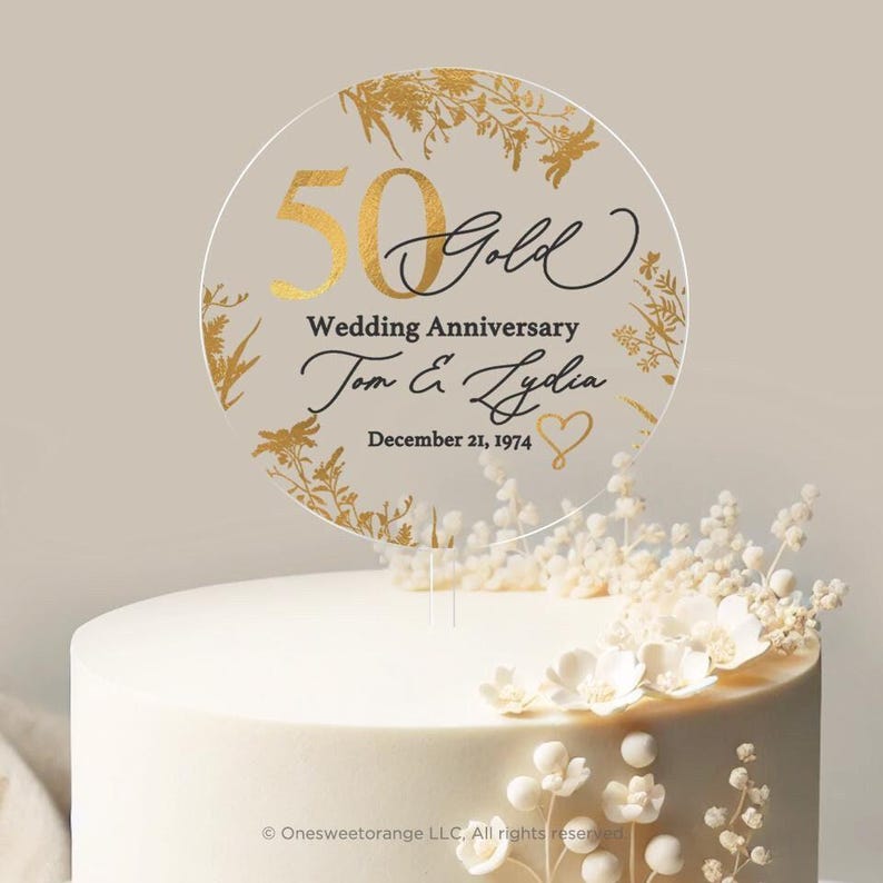 Golden Anniversary Cake Topper 50th Anniversary Cake Topper Round Personalized Custom Anniversary Cake Topper 50th Anniversary Gift