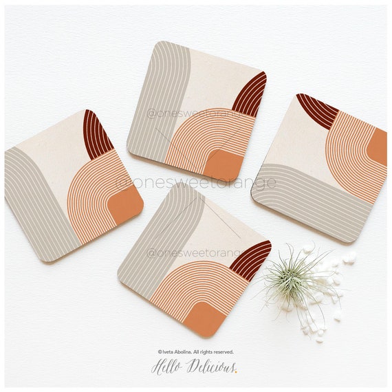 Mid Century Coaster Set of 4 Cork Lines Coasters Gift for Mom Boho Cork Coasters Arches Coaster Set Mid Century Illustration Coasters I95