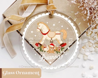 Adorno de cristal personalizado para el primer Navidad del bebé, caballito de madera, recuerdo para recién nacido, regalo para bebé n.º 788