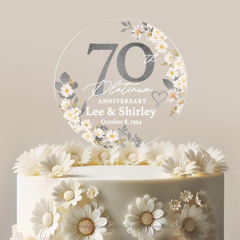 Platinum Anniversary Cake Topper 70th Anniversary Cake Topper Round Personalized Custom Anniversary Cake Topper 70th Anniversary Gift