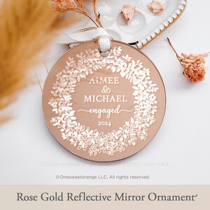 Rose Gold Mirror Acrylic Engagement Ornament Gold Engagement Party Gift Personalized Engaged Ornament Gift Custom Gift with Names No.G21