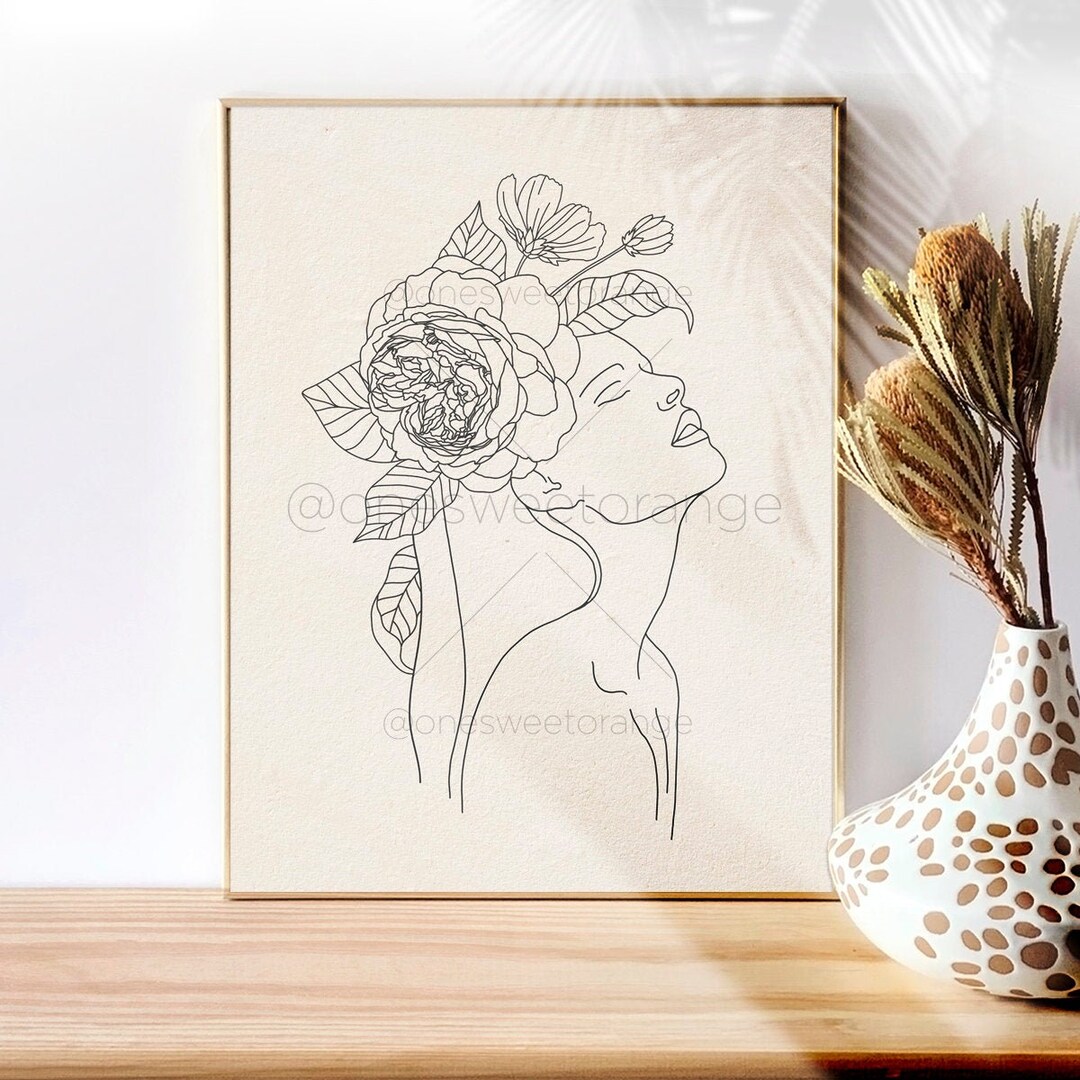Line Art Print Line Art Woman With Flowers Line Art Head Art Line Art