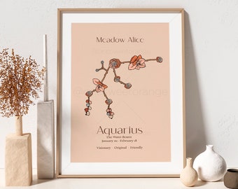 Aquarius Personalized Zodiac Sign Print Aquarius Zodiac Print Birth Month Floral Print Astrology Print Zodiac Art Celestial Zodiac Art B441